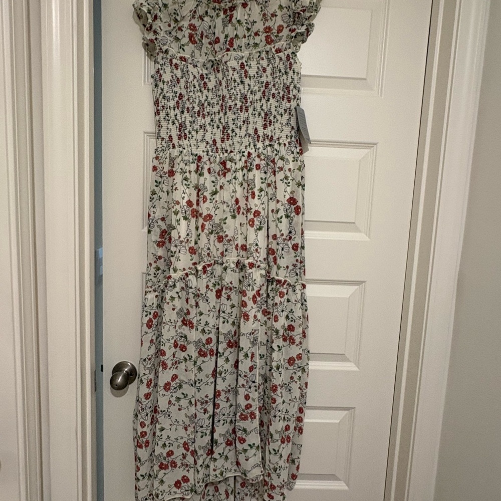 Nordstrom Cream Floral Smocked Maxi Dress with Red & Green Print